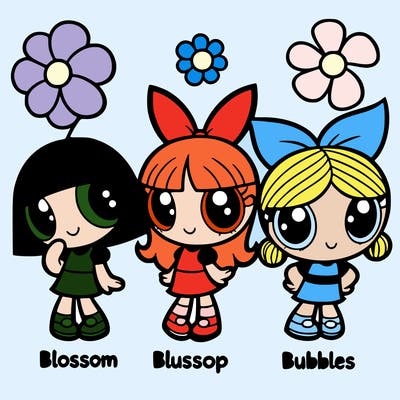 three small girls the named blossom the one on the left bubbles the one on the right buttercup hair is in a bob cut blossom hair is a long ponytail bubbles to pigtails
