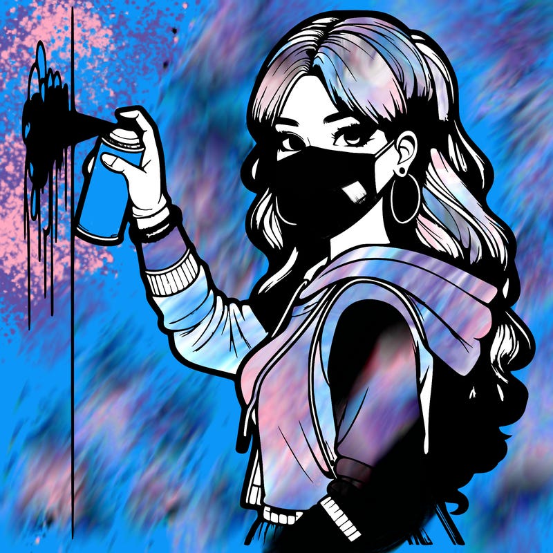 realistic girl with mask spray painting a wall