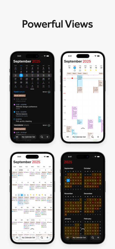 Four iPhone screens displaying Fantastical Calendar in different layouts including month week and year views in dark and light modes