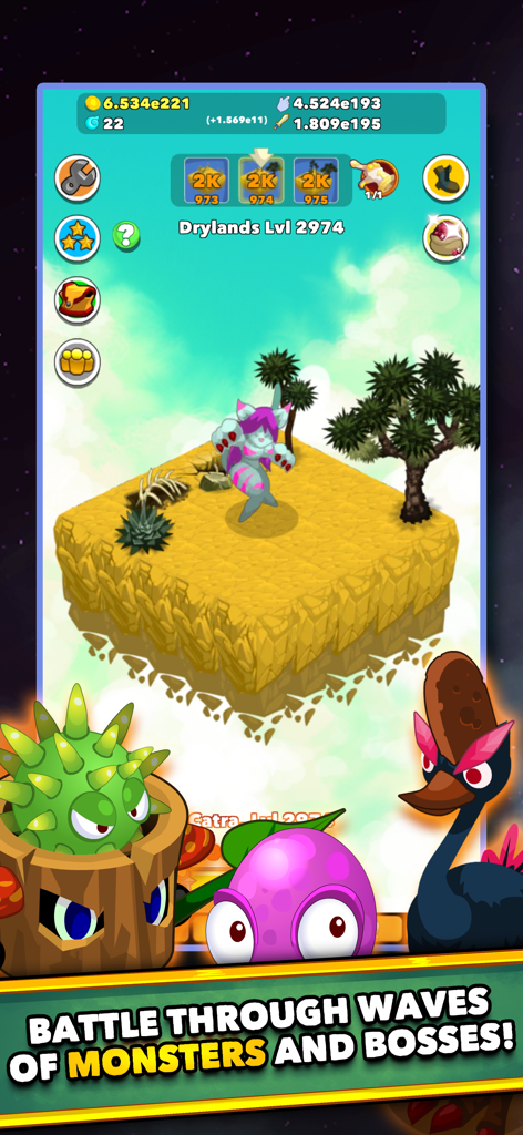 Gameplay of Clicker Heroes showing a monster battle in the Drylands zone with character stats.
