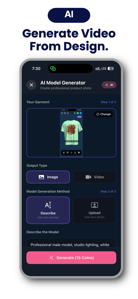 Fashion Design Studio-3DMockup - Interfaz del Generador de Modelos de IA en la aplicación Fashion Design Studio que muestra opciones para generar videos e imágenes de productos profesionales a partir de indicaciones de texto.