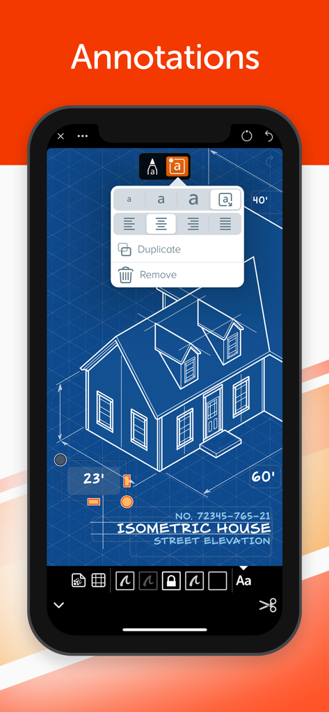 Linea Sketch - 등각 투영 주택 청사진에 텍스트 주석을 보여주는 Linea Sketch 앱 인터페이스