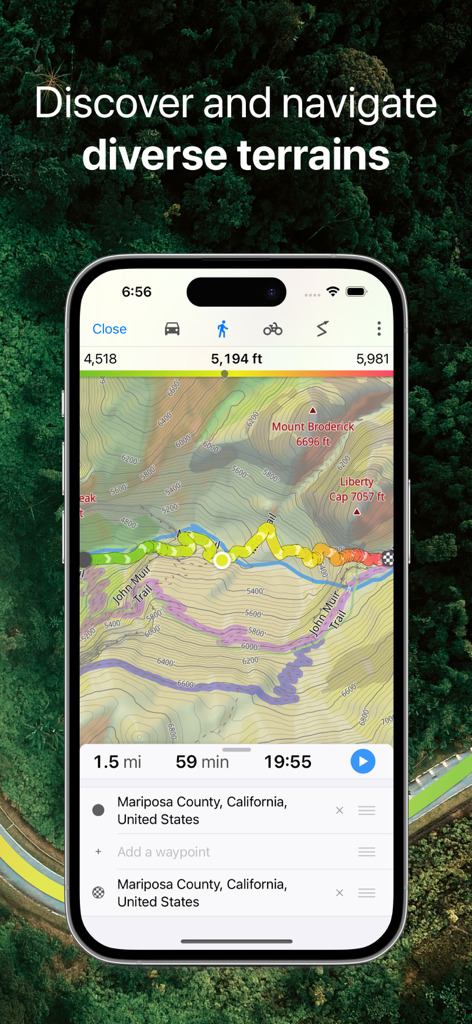 Smartphone displaying Guru Maps Pro with a detailed topographic map and GPS track in a forested mountain area.