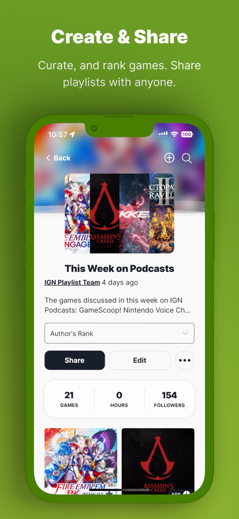 IGN Playlist App-Bildschirm, der Spielkuratiierung und Freigabefunktionen anzeigt