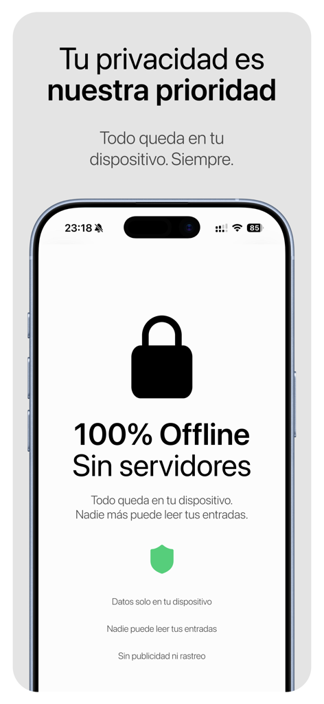 Lumi - Diario Emocional - Pantalla de la aplicación Lumi que destaca el almacenamiento 100% sin conexión y las funciones de privacidad de datos
