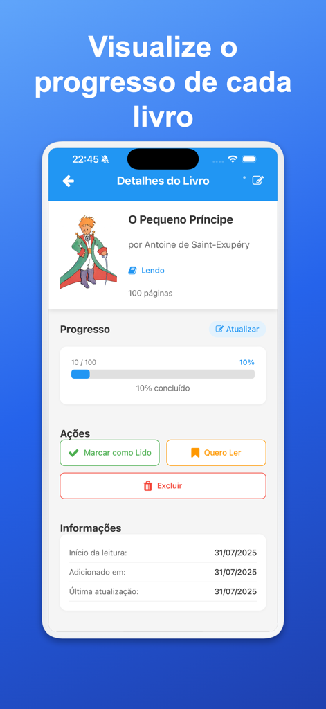 My Readings - Pantalla de la app móvil mostrando detalles del libro y progreso de lectura para El Principito