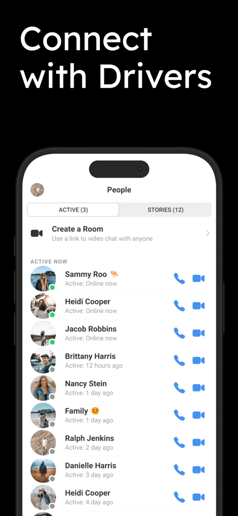 ParkNYC: Street Parking - Smartphone screen showing a list of active drivers in the ParkNYC app.