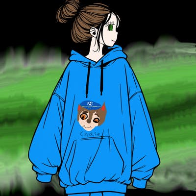 realistic girl with a oversized sweatshirt on and a bun