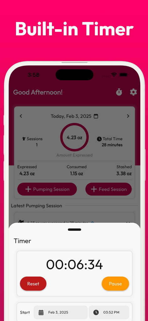 Interfaz de la aplicación Pumping Tracker que muestra la función de temporizador incorporada para rastrear las sesiones de extracción de leche materna.