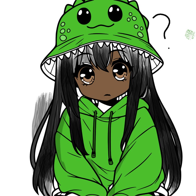 girl with anime shaped eyes with a dinosaur bucket hat oversized sweatshirt long straight hair