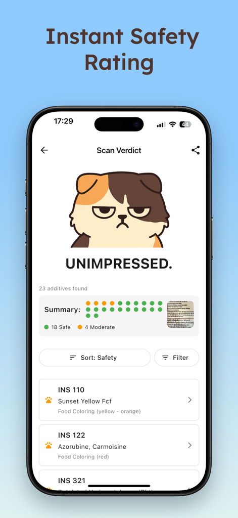 INS Scanner by Miki - Pantalla móvil que muestra las calificaciones de seguridad de los aditivos alimentarios con una mascota gato gruñón llamada Miki.