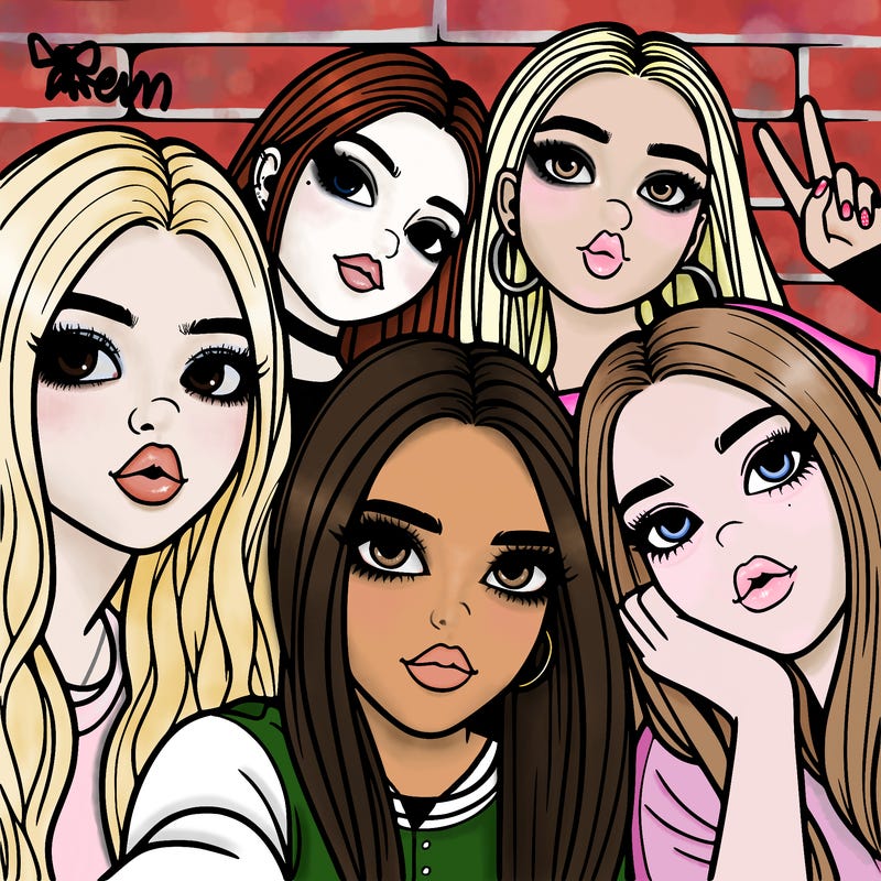 group of teen girls friends y2k up close in a selfie