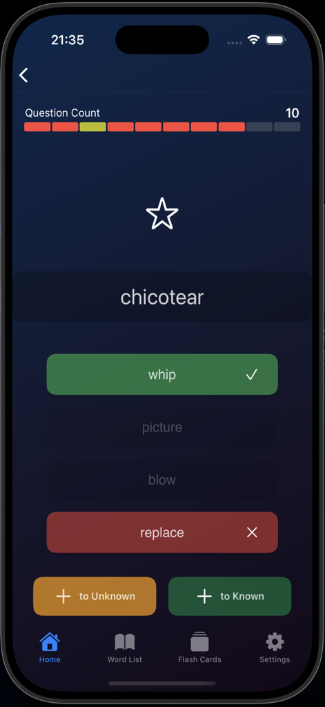 Brazilian Portuguese Verbs - A multiple choice quiz screen in the Luna app showing the Portuguese verb chicotear and its English meaning whip