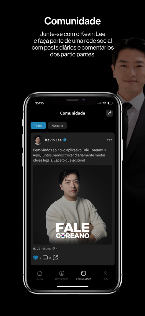 Fale Coreano - Pantalla de iPhone que muestra la función comunitaria de la aplicación Fale Coreano con una publicación en redes sociales del Profesor Kevin Lee.