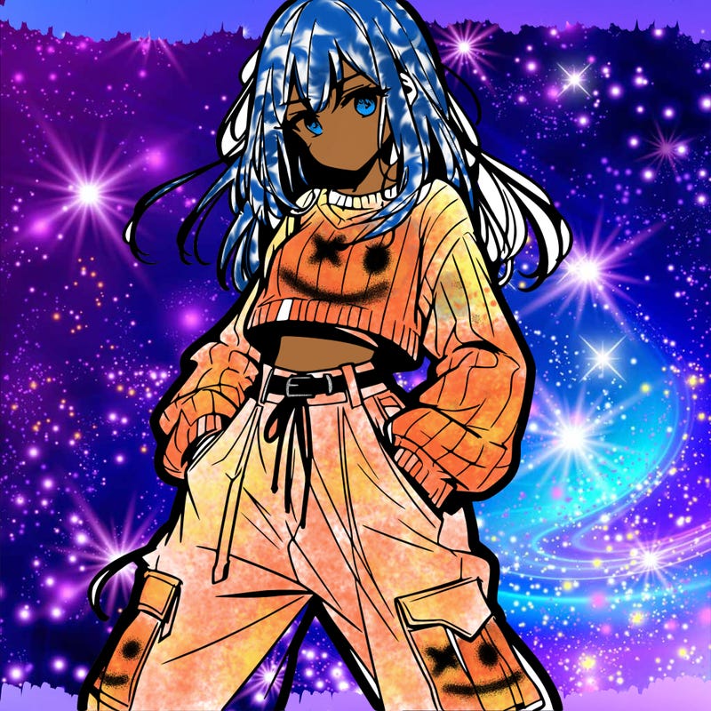 anime teen girl with baggy pants and crop top with sweater