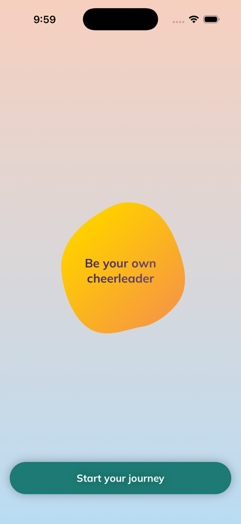 My Wellbeing: Gratitude App - Pantalla de incorporación para My Wellbeing: App de Gratitud con una cita motivacional Sé tu propio animador y un botón Inicia tu viaje.