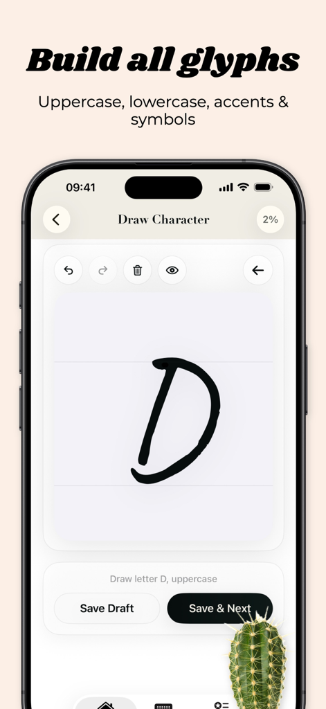개인화된 폰트를 위한 맞춤 손글씨 문자를 그리는 방법을 보여주는 Font Maker 앱의 인터페이스.