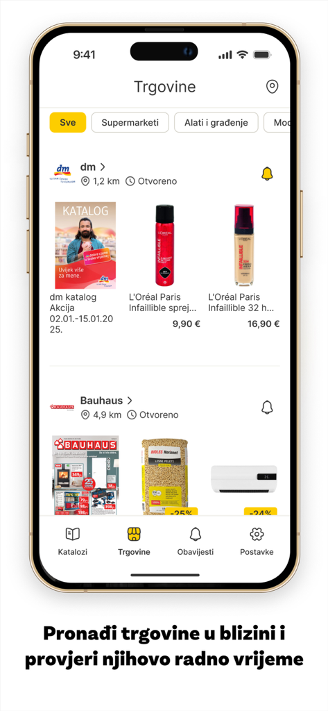 Una pantalla de smartphone mostrando la interfaz de la aplicación Njuškalo Katalozi con una lista de tiendas cercanas, sus catálogos y productos con descuento.