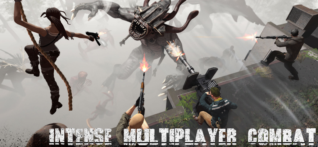 The Hunt Horror Multiplayer - Intense multiplayer combat scene in The Hunt Horror game where players shoot a giant monster from a rooftop