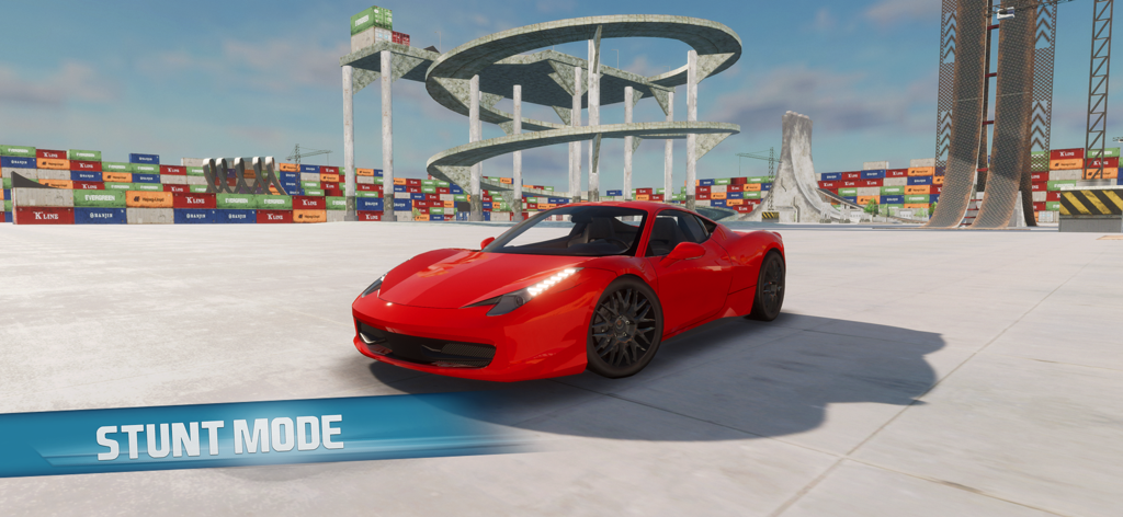 School of Driving - Un coche deportivo rojo aparcado en una zona abierta con rampas de conducción en el modo de acrobacias de Escuela de Conducción