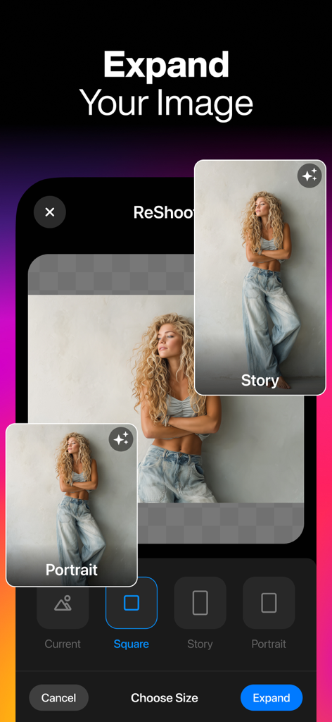 Interfaz de la aplicación ReShoot mostrando la función de expansión de imagen IA con diferentes opciones de relación de aspecto como Historia y Retrato