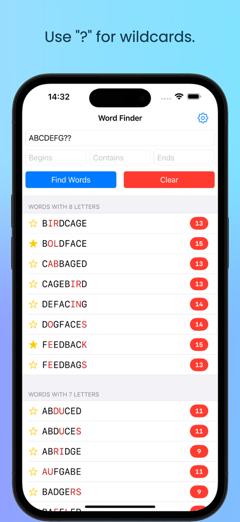 Word Unscrambler, Word Machine - Interface of Word Machine app showing a list of 8 letter words found using wildcards with their scores and high point stars