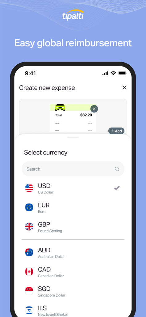 Aplicativo móvel Tipalti Expenses mostrando uma tela de criação de nova despesa com um menu global de seleção de moeda apresentando opções em USD, EUR e GBP.