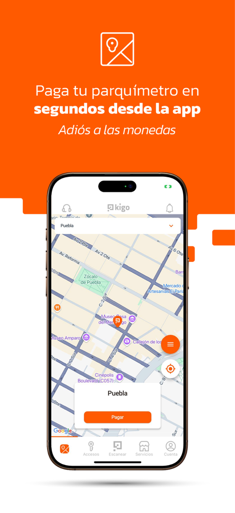 Kigo - Parkimovil - Kigoアプリのモバイルインターフェースに、デジタル駐車メーター支払い用の都市地図が表示されている様子
