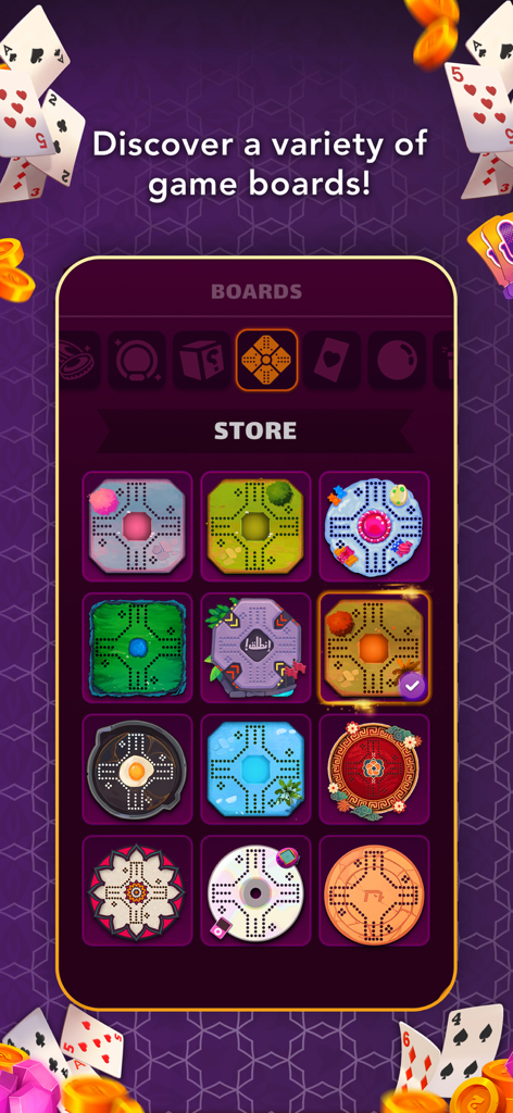 Jackaroo | جاكارو - A screen in the Jackaroo app showing various colorful and themed game board customization options in the store