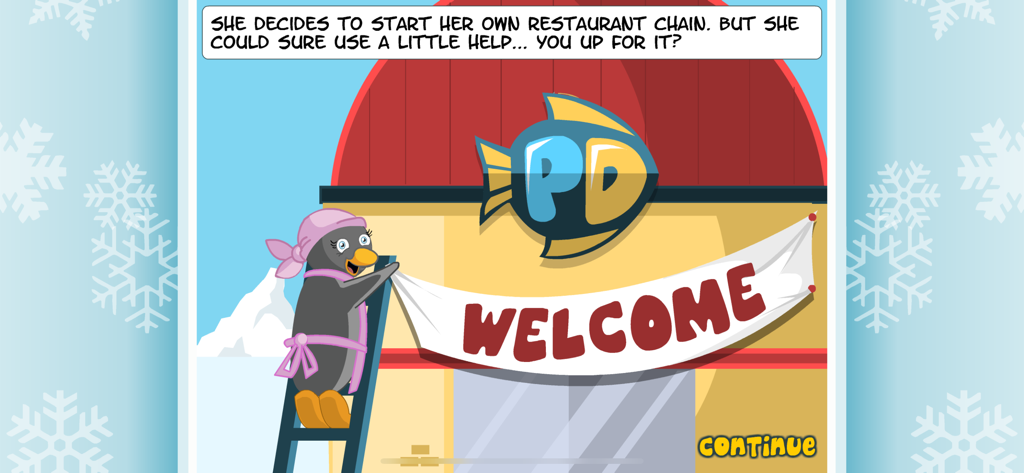 Penny la pingüino colgando un cartel de bienvenida en su nuevo restaurante.