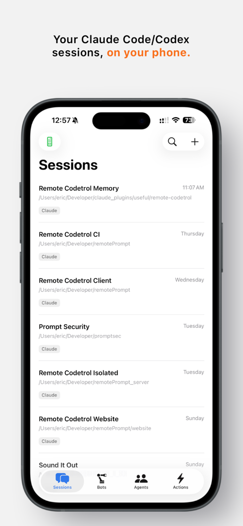 Remote Codetrol - Mobile app interface showing a list of active AI coding sessions and directory paths