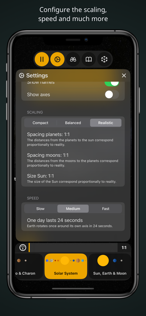 Settings screen of the solAR app showing options to configure planet scaling and rotation speed for the AR solar system.