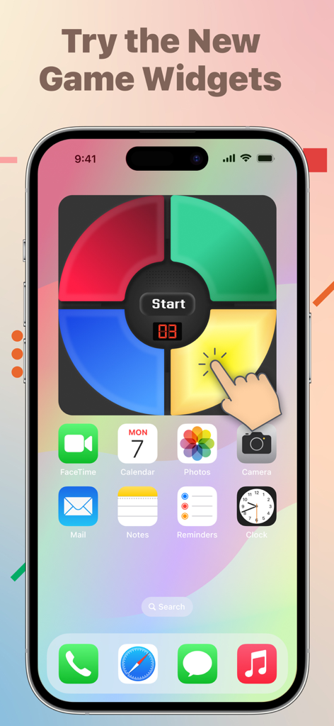 Uma tela inicial de iPhone apresentando um widget interativo de jogo de memória circular com botões coloridos e um contador de pontuação digital.