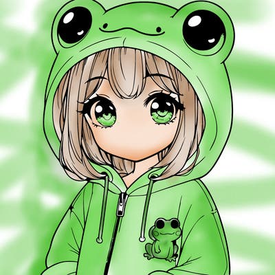cute realistic girl in a froggy hoodie