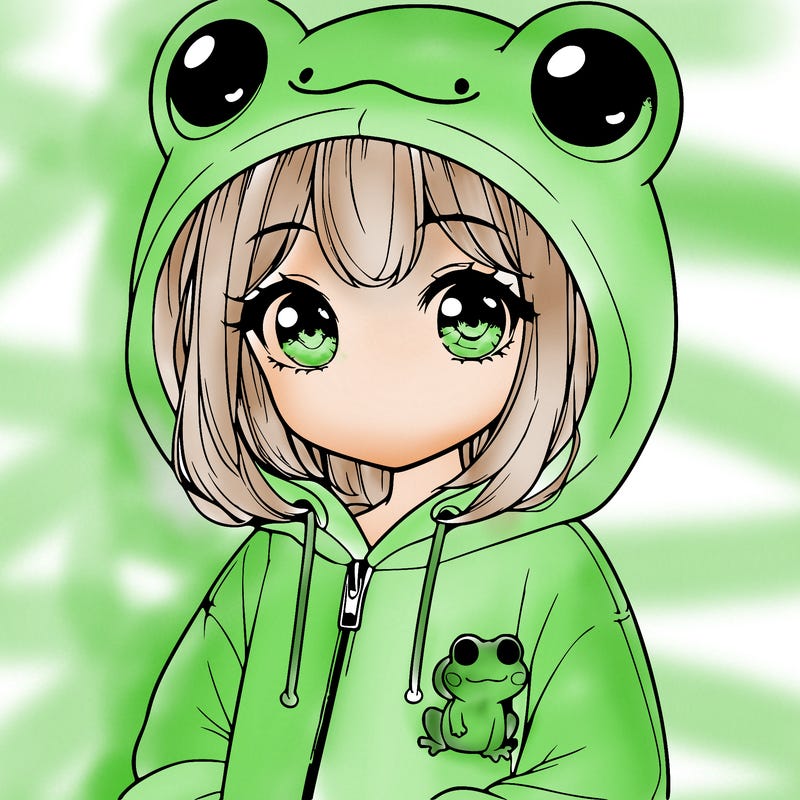 cute realistic girl in a froggy hoodie