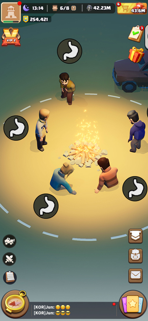 A group of survivors gathered around a campfire in Dark War Survival with hunger icons appearing above them