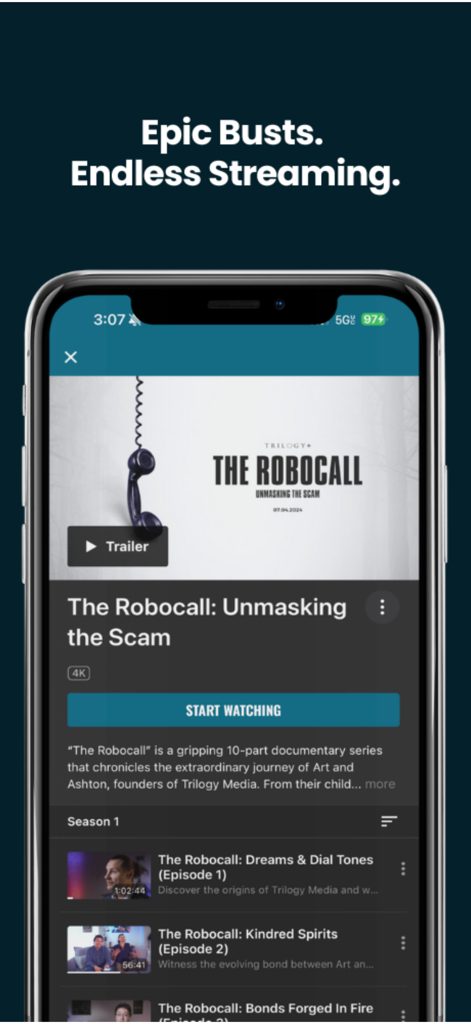 Mobile App-Oberfläche für Trilogy Plus, die die Dokumentation The Robocall Unmasking the Scam zeigt