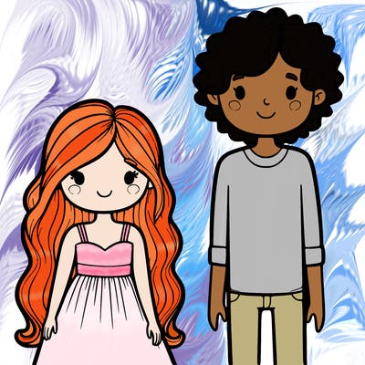 generate an adult girl with long hair and a dress. next to her, an adult boy with curly hair, taller than her.