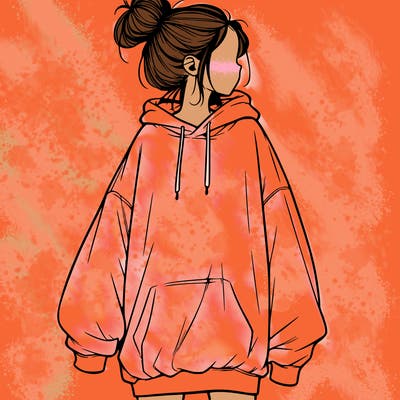 realistic girl with a oversized sweatshirt on and a bun