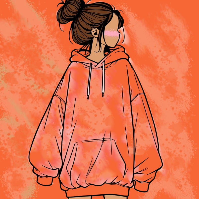 realistic girl with a oversized sweatshirt on and a bun