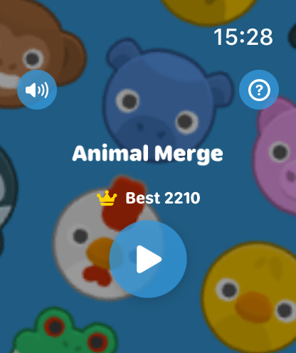 Animal Merge For Watch - The start screen of the Animal Merge app for Apple Watch featuring a play button and a high score display over a background of cute animal icons.