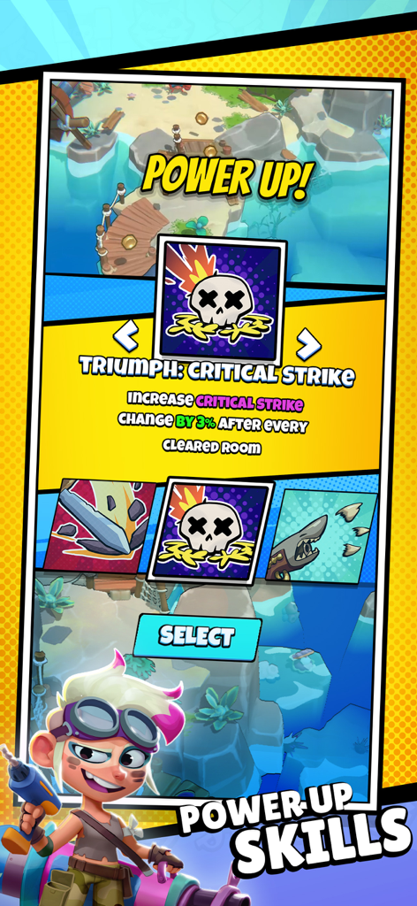Mighty Calico - Mighty Calico mobile game power up skills selection screen showing a critical strike upgrade