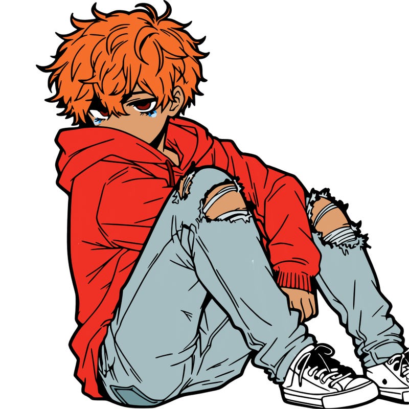 a male hoddie ripped jeans messy hair anime