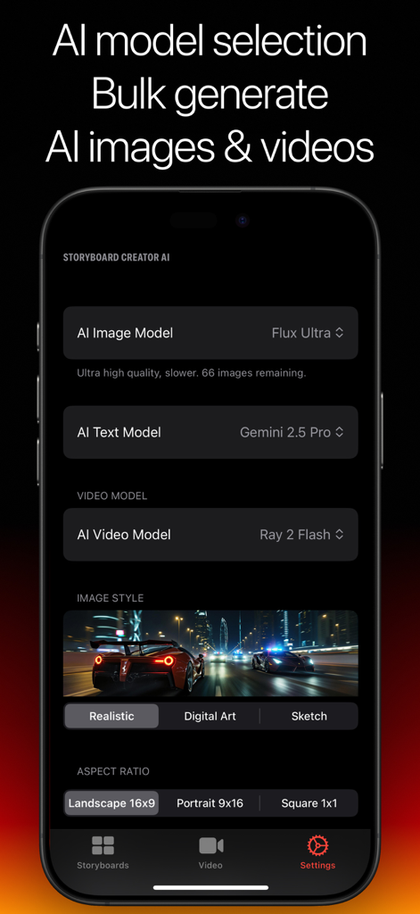 Storyboard Creator AI - A interface de configurações do Storyboard Creator AI mostrando opções para selecionar modelos de IA para geração de imagem, texto e vídeo, juntamente com configurações de estilo de imagem e proporção.