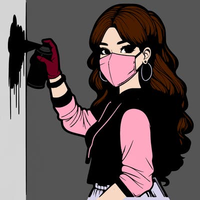 realistic girl with mask spray painting a wall
