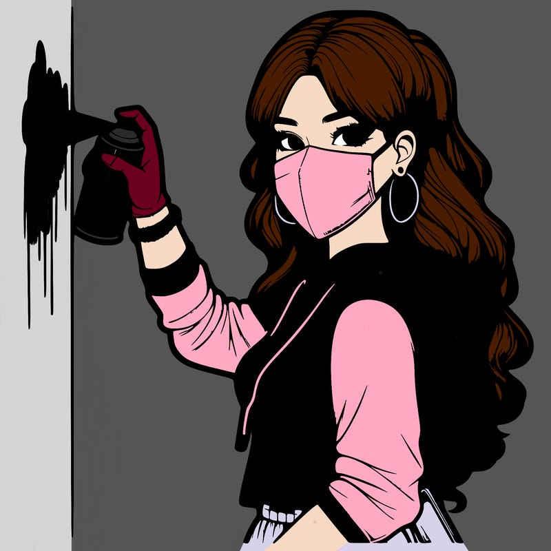 realistic girl with mask spray painting a wall