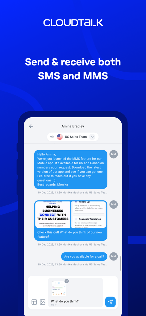 CloudTalk Go app interface showing business SMS and MMS messaging features