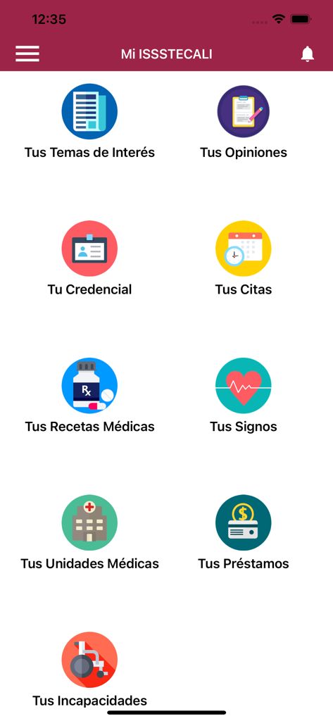 Mi ISSSTECALI - Main menu of the Mi ISSSTECALI app featuring icons for medical appointments, digital ID, and prescriptions