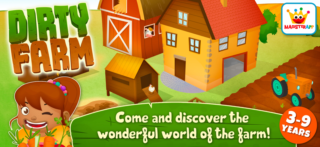 Farm Animal Games for Kids 2-5 - 知育アプリ向けの納屋、トラクター、動物がいる農場のカートゥーンイラスト