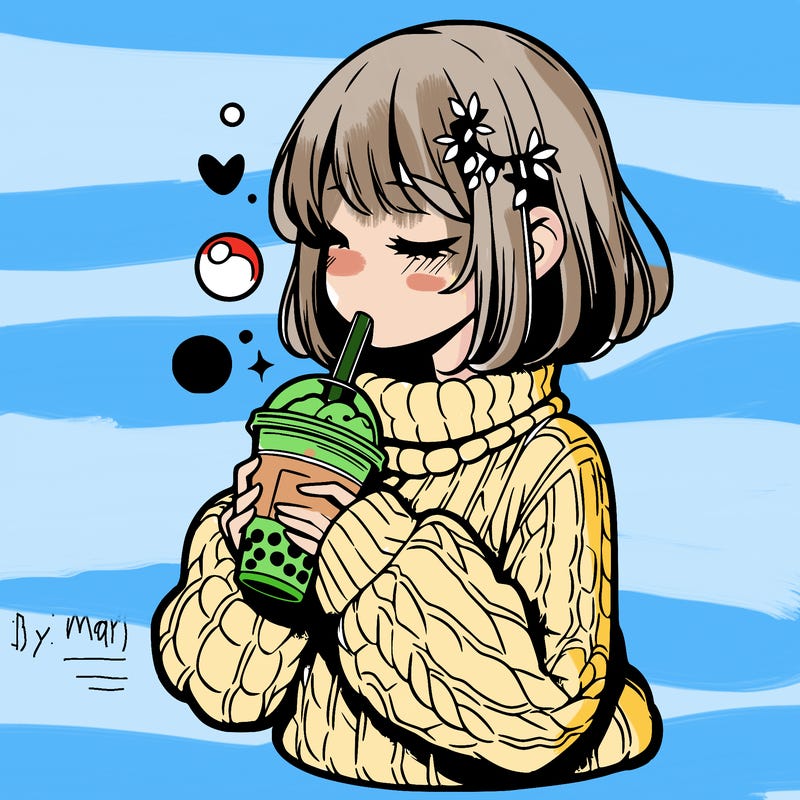 manga girl drinking boba in cozy sweater